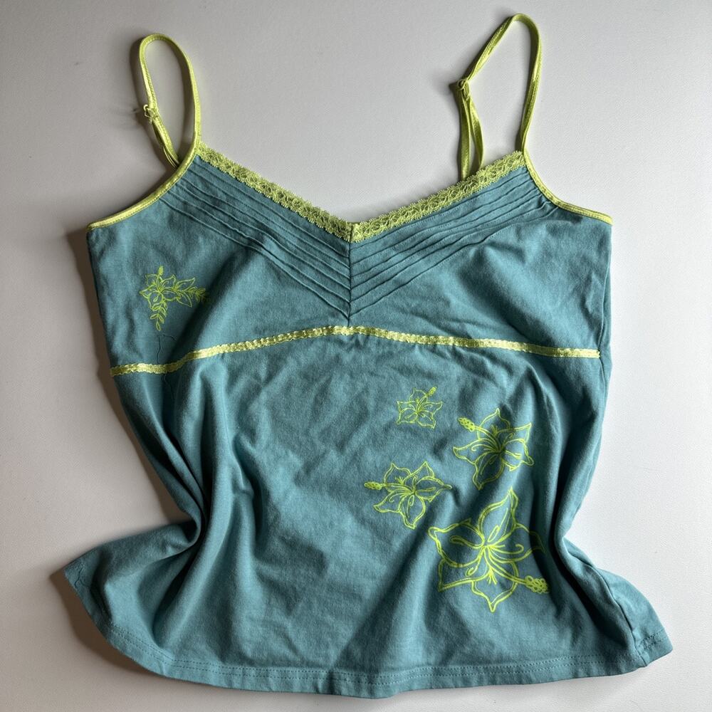 Y2K Dunia Aqua Cami Top Yellow Lace Trim Floral Graphic Tank Large Soft Girl - Picture 3 of 9